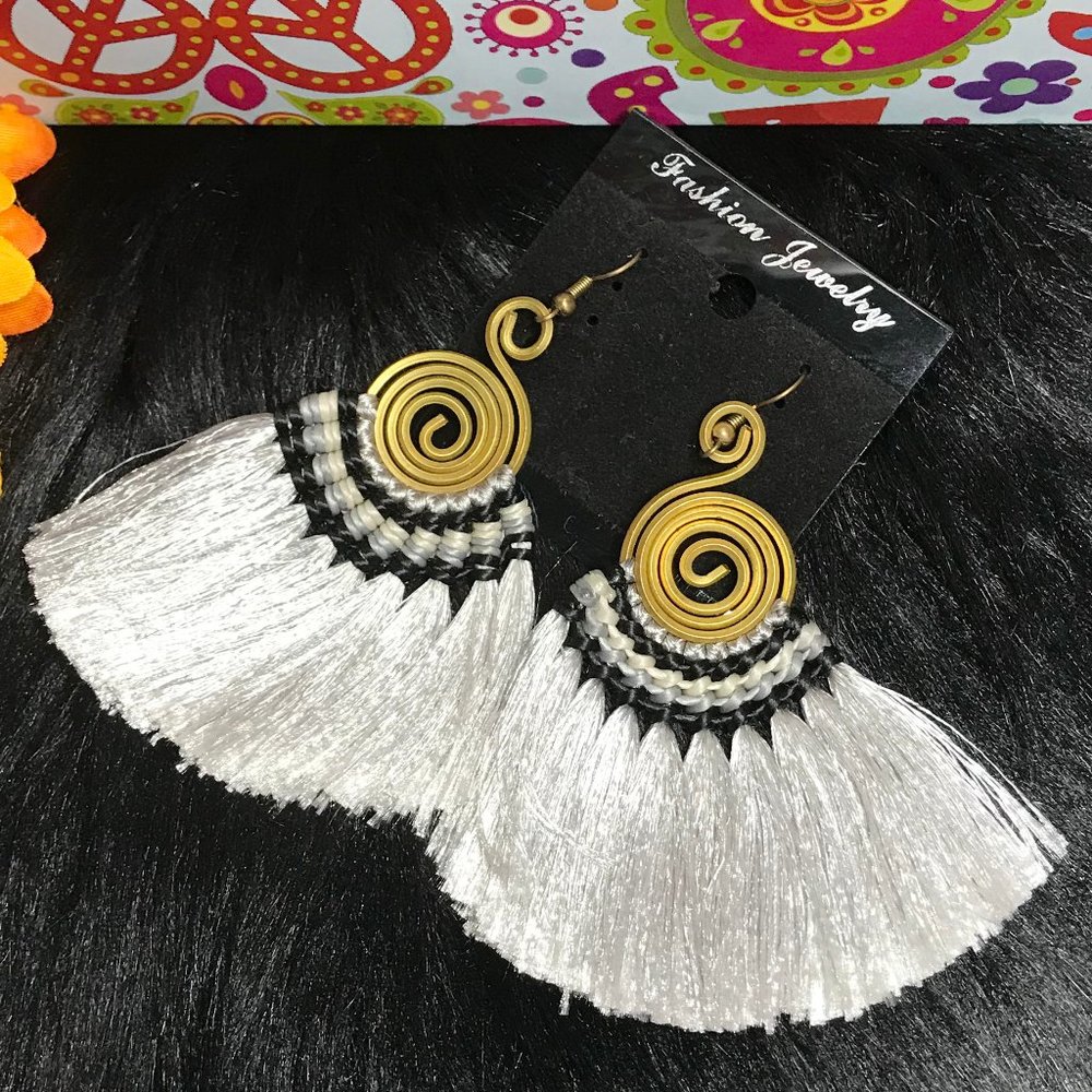 Boho Earrings Fan Tassel Hoop Drop Dangles Silver